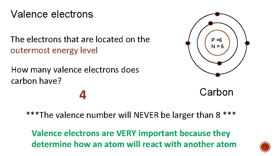 Valence electrons The electrons that are located on the outermost energy level P =6