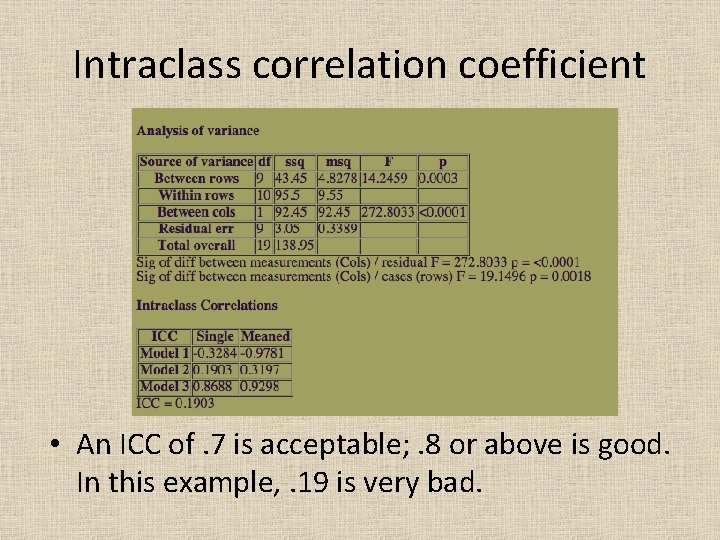 Intraclass correlation coefficient • An ICC of. 7 is acceptable; . 8 or above