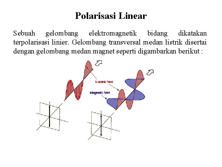 Polarisasi Linear Sebuah gelombang elektromagnetik bidang dikatakan terpolarisasi linier. Gelombang transversal medan listrik disertai