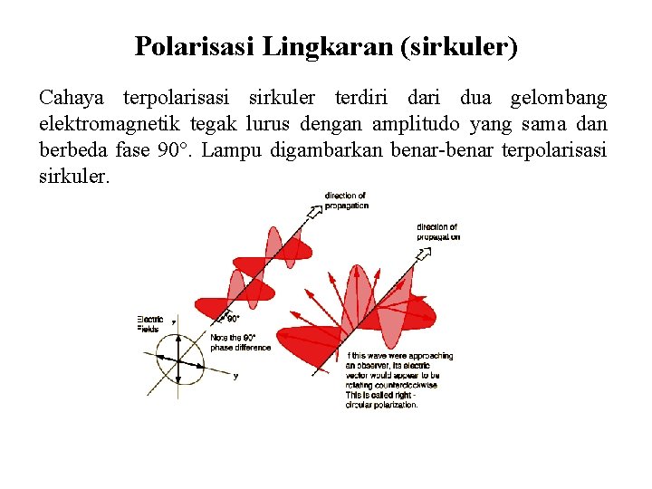 Polarisasi Lingkaran (sirkuler) Cahaya terpolarisasi sirkuler terdiri dari dua gelombang elektromagnetik tegak lurus dengan