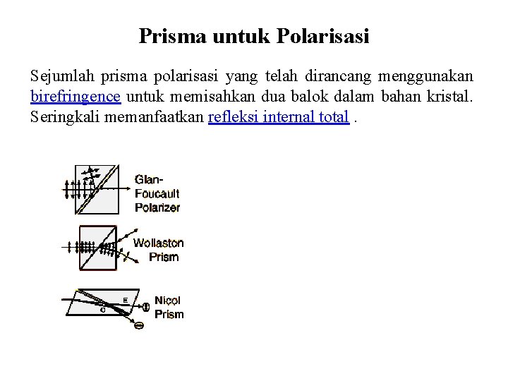 Prisma untuk Polarisasi Sejumlah prisma polarisasi yang telah dirancang menggunakan birefringence untuk memisahkan dua