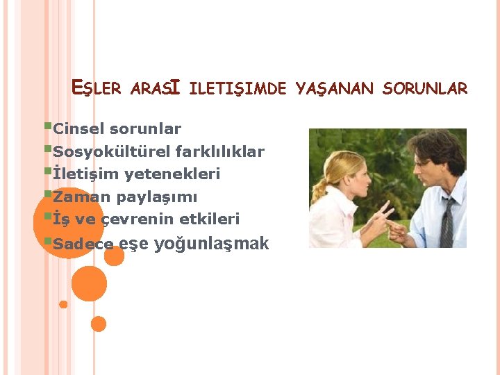 EŞLER ARASI ILETIŞIMDE YAŞANAN SORUNLAR §Cinsel sorunlar §Sosyokültürel farklılıklar §İletişim yetenekleri §Zaman paylaşımı §İş