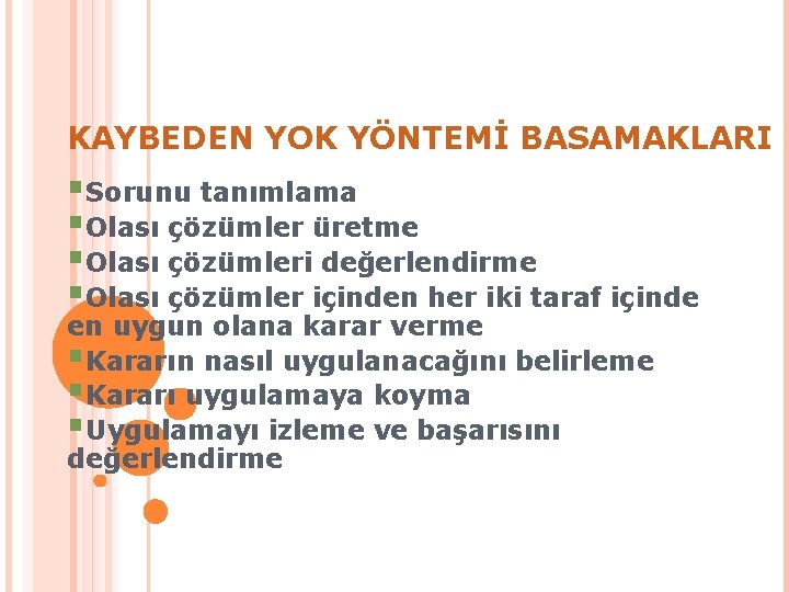 KAYBEDEN YOK YÖNTEMİ BASAMAKLARI §Sorunu tanımlama §Olası çözümler üretme §Olası çözümleri değerlendirme §Olası çözümler