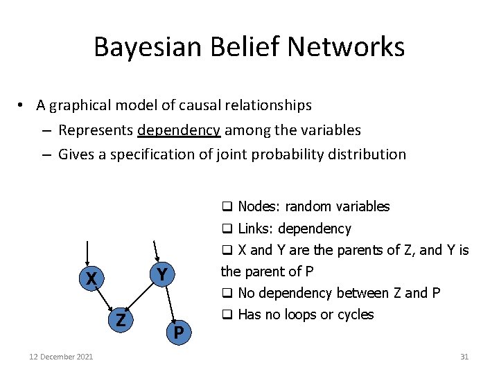 Bayesian Belief Networks • A graphical model of causal relationships – Represents dependency among