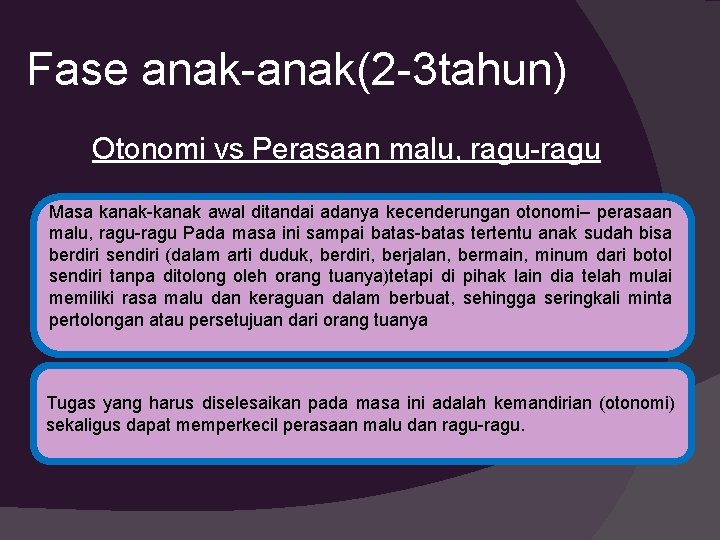 Fase anak-anak(2 -3 tahun) Otonomi vs Perasaan malu, ragu-ragu Masa kanak-kanak awal ditandai adanya