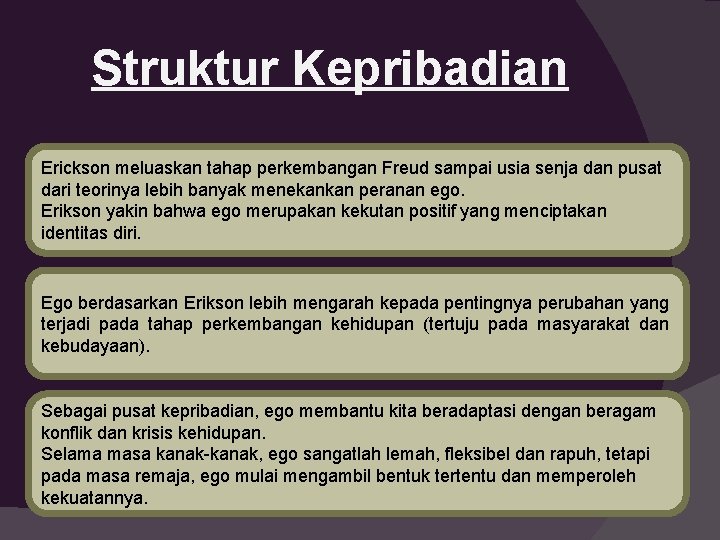 Struktur Kepribadian Erickson meluaskan tahap perkembangan Freud sampai usia senja dan pusat dari teorinya