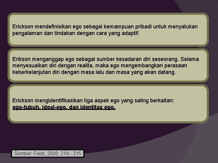 Erickson mendefinisikan ego sebagai kemampuan pribadi untuk menyatukan pengalaman dan tindakan dengan cara yang