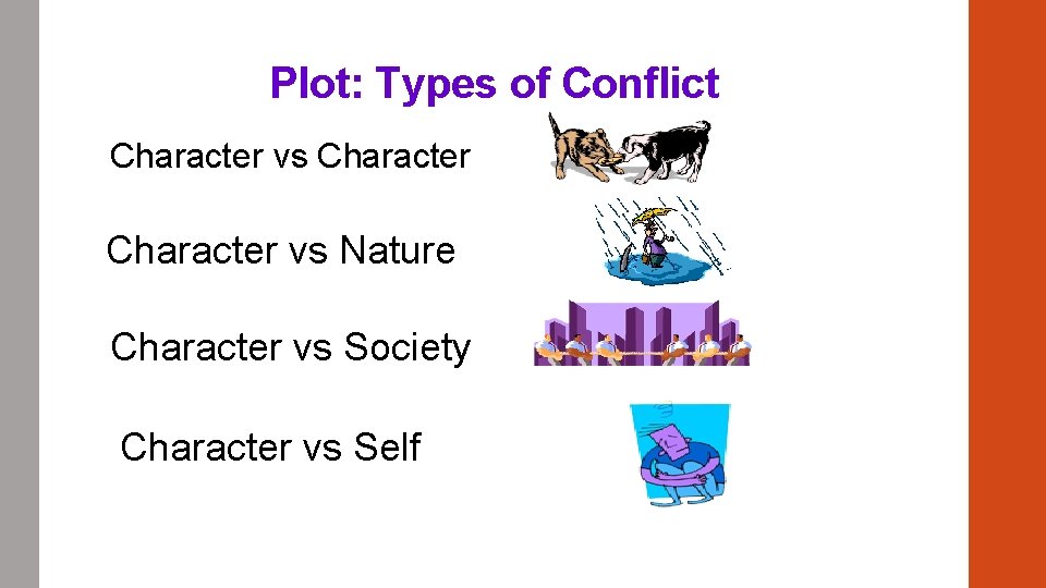 Plot: Types of Conflict Character vs Nature Character vs Society Character vs Self Plot: Types of Conflict Character vs Nature Character vs Society Character vs Self