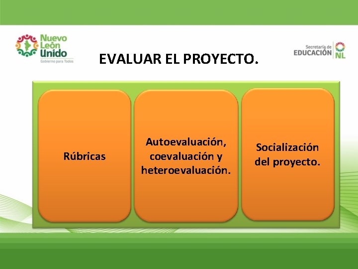 EVALUAR EL PROYECTO. Rúbricas Autoevaluación, coevaluación y heteroevaluación. Socialización del proyecto. 