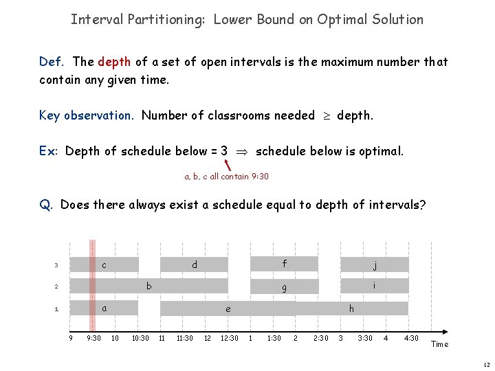 Interval Partitioning: Lower Bound on Optimal Solution Def. The depth of a set of