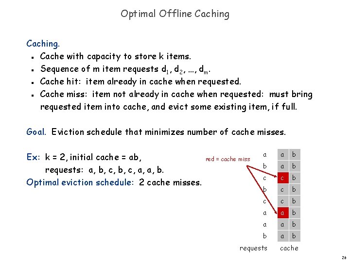 Optimal Offline Caching. Cache with capacity to store k items. Sequence of m item