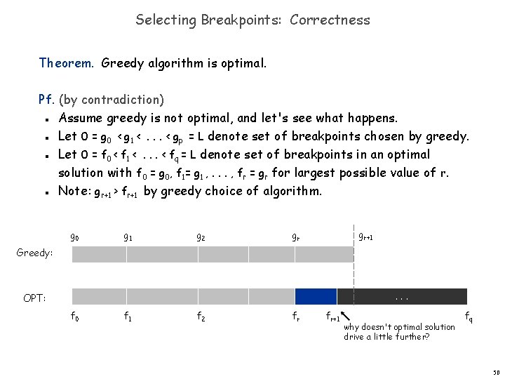 Selecting Breakpoints: Correctness Theorem. Greedy algorithm is optimal. Pf. (by contradiction) Assume greedy is