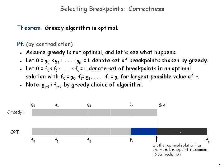 Selecting Breakpoints: Correctness Theorem. Greedy algorithm is optimal. Pf. (by contradiction) Assume greedy is