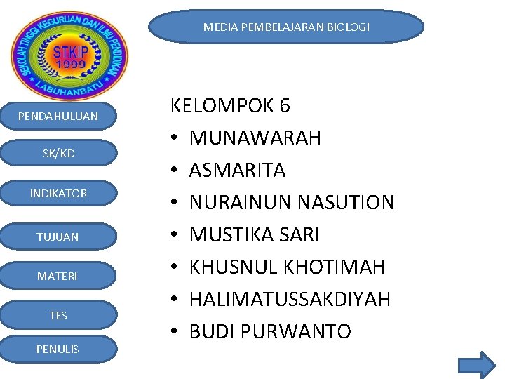 MEDIA PEMBELAJARAN BIOLOGI PENDAHULUAN SK/KD INDIKATOR TUJUAN MATERI TES PENULIS KELOMPOK 6 • MUNAWARAH