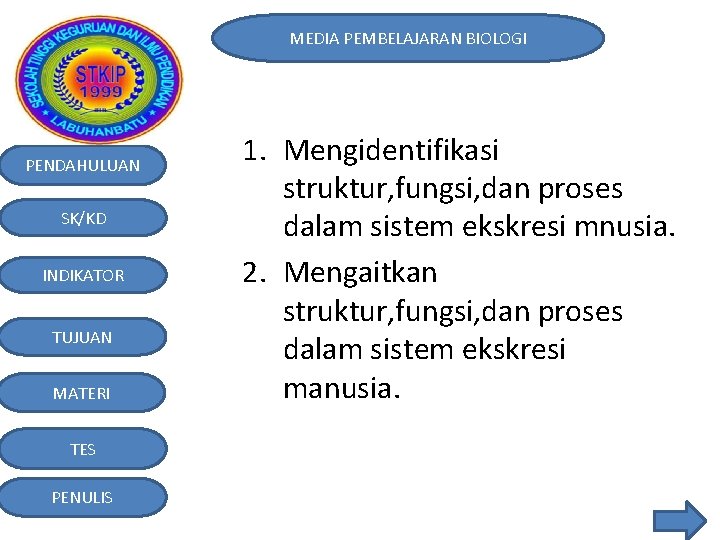 MEDIA PEMBELAJARAN BIOLOGI PENDAHULUAN SK/KD INDIKATOR TUJUAN MATERI TES PENULIS 1. Mengidentifikasi struktur, fungsi,