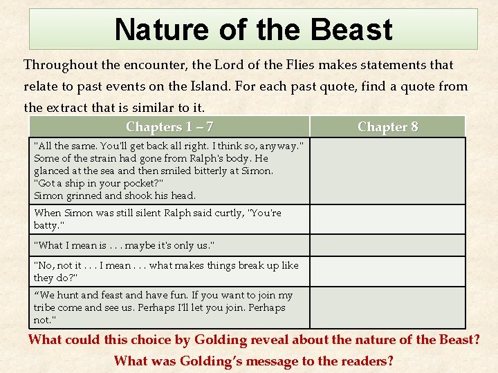 Nature of the Beast Throughout the encounter, the Lord of the Flies makes statements