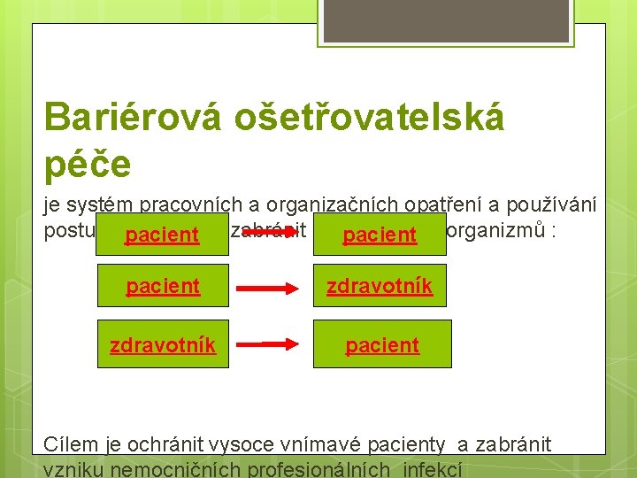 Bariérová ošetřovatelská péče je systém pracovních a organizačních opatření a používání postupů, pacient které