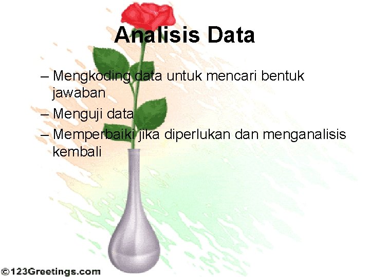 Analisis Data – Mengkoding data untuk mencari bentuk jawaban – Menguji data – Memperbaiki