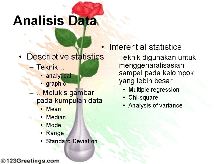 Analisis Data • Inferential statistics • Descriptive statistics – Teknik digunakan untuk – Teknik…