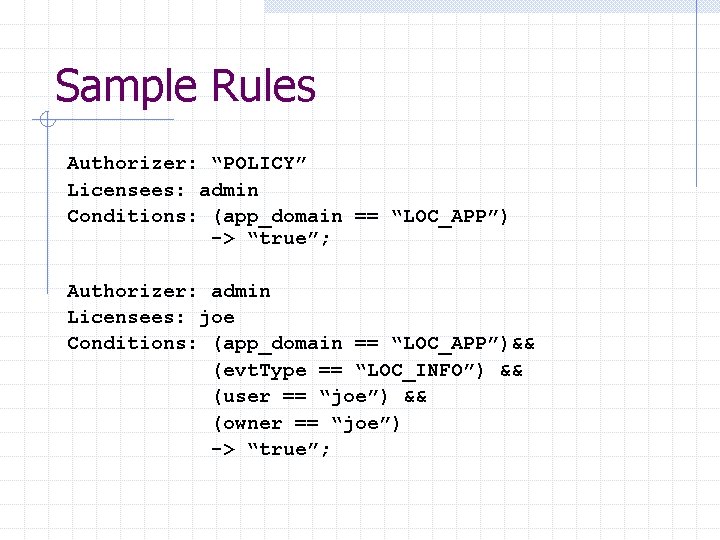 Sample Rules Authorizer: “POLICY” Licensees: admin Conditions: (app_domain == “LOC_APP”) -> “true”; Authorizer: admin