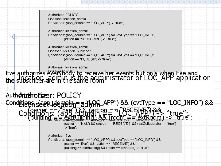 Eve authorizes everybody to receive her events but only when Eve and location_admin the