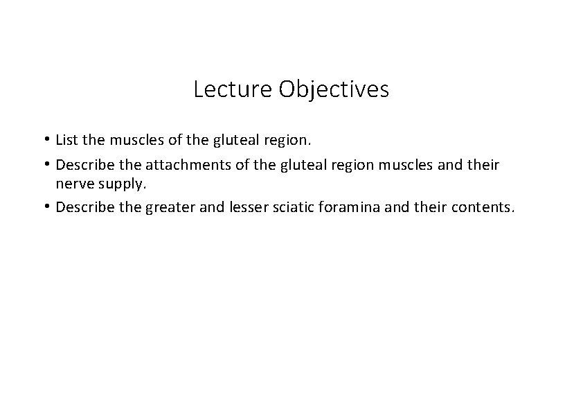 Lecture Objectives • List the muscles of the gluteal region. • Describe the attachments