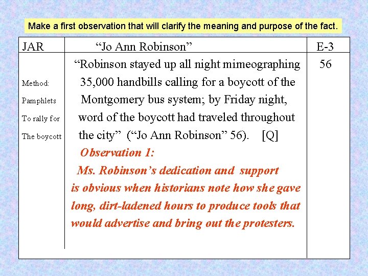 Make a first observation that will clarify the meaning and purpose of the fact.