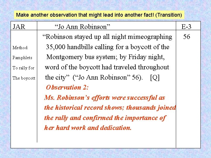 Make another observation that might lead into another fact! (Transition) JAR Method: Pamphlets To
