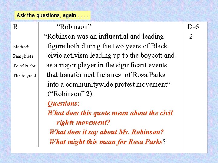 Ask the questions, again. . R Method: Pamphlets To rally for The boycott “Robinson”