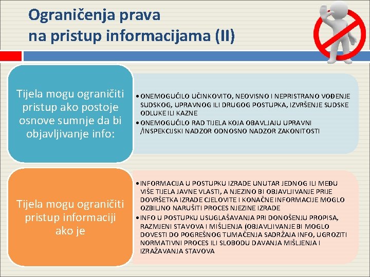 Ograničenja prava na pristup informacijama (II) Tijela mogu ograničiti pristup ako postoje osnove sumnje