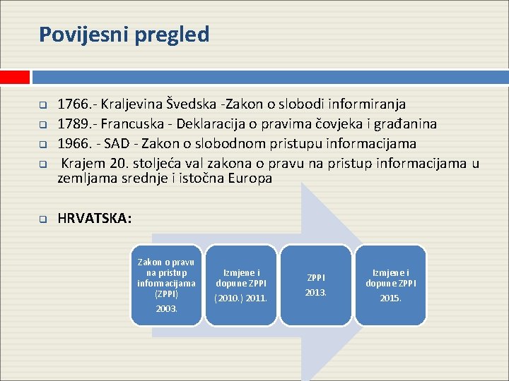 Povijesni pregled q q q 1766. - Kraljevina Švedska -Zakon o slobodi informiranja 1789.