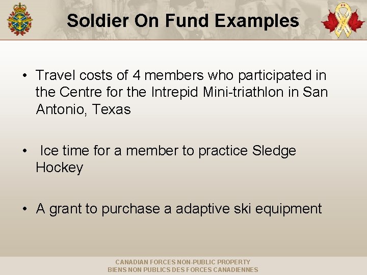 Soldier On Fund Examples • Travel costs of 4 members who participated in the