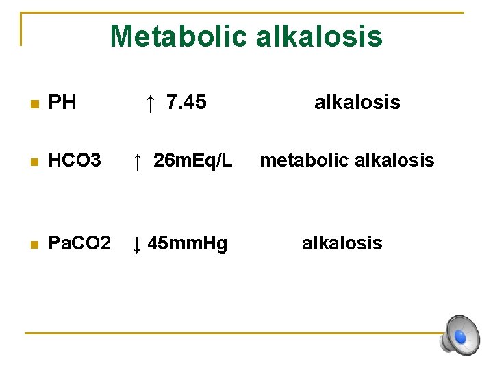 Metabolic alkalosis n PH ↑ 7. 45 alkalosis n HCO 3 ↑ 26 m.