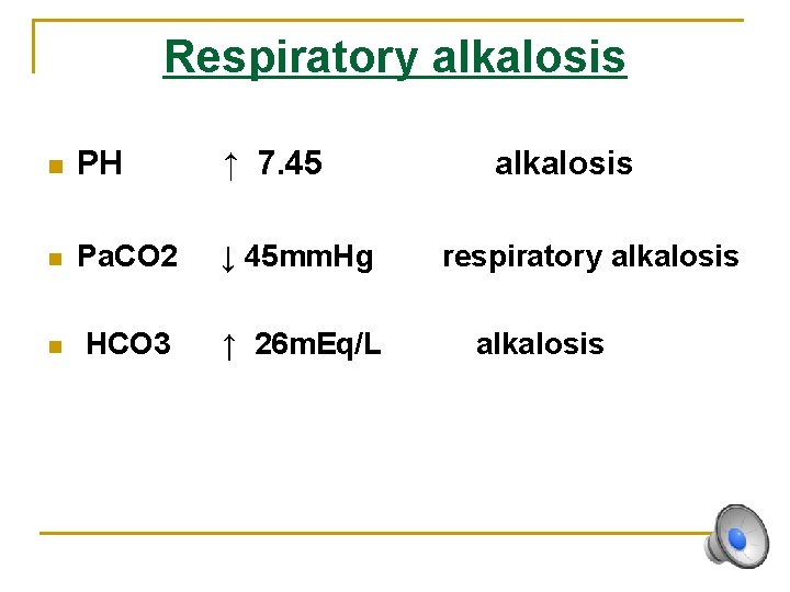 Respiratory alkalosis n PH ↑ 7. 45 n Pa. CO 2 ↓ 45 mm.
