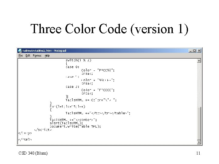 Three Color Code (version 1) CSD 340 (Blum) 11 
