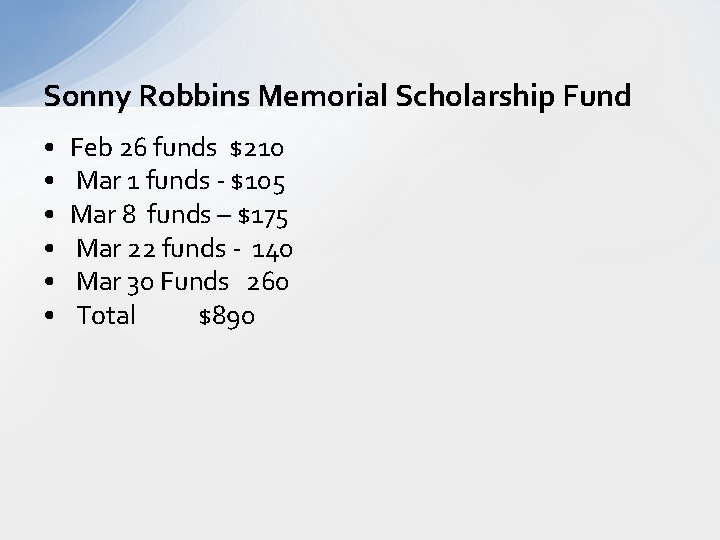Sonny Robbins Memorial Scholarship Fund • • • Feb 26 funds $210 Mar 1