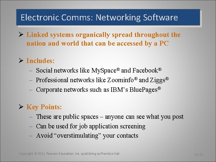 Electronic Comms: Networking Software Ø Linked systems organically spread throughout the nation and world