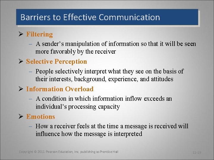 Barriers to Effective Communication Ø Filtering – A sender’s manipulation of information so that