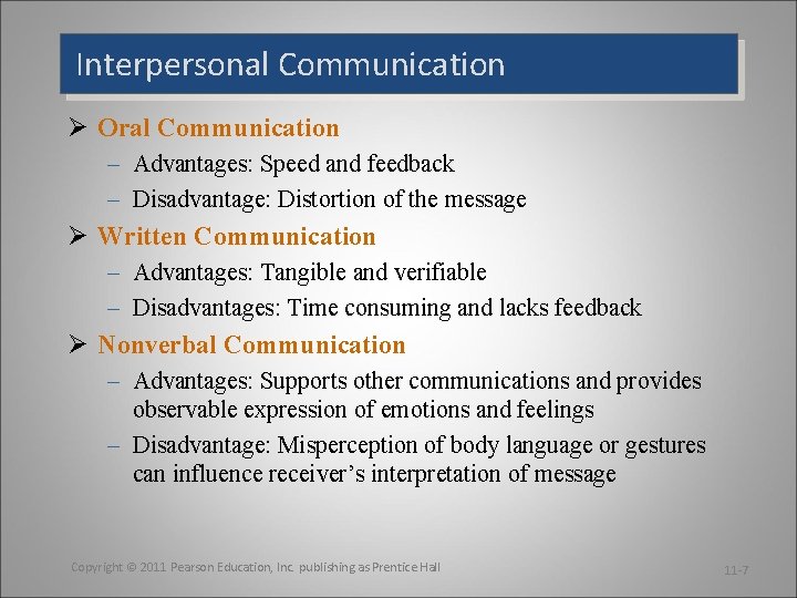 Interpersonal Communication Ø Oral Communication – Advantages: Speed and feedback – Disadvantage: Distortion of