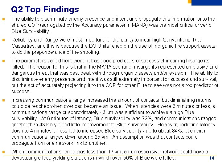 Q 2 Top Findings n The ability to discriminate enemy presence and intent and