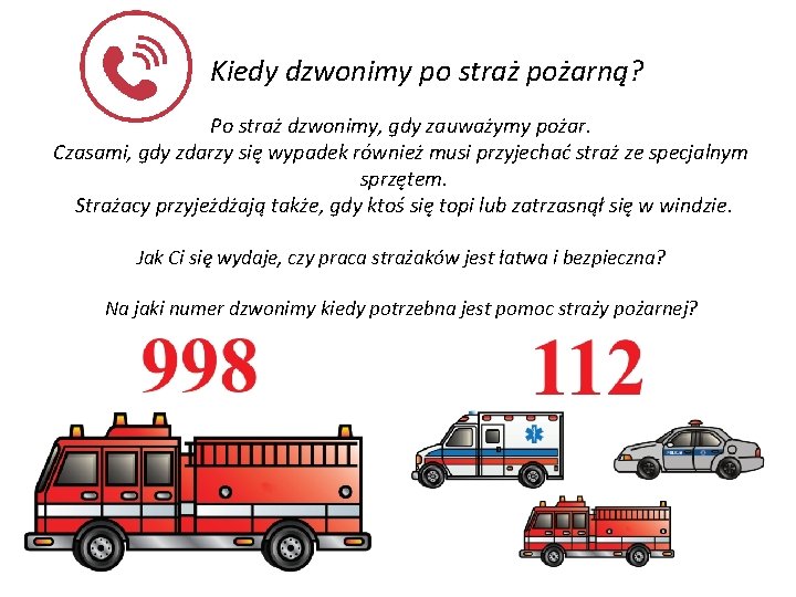 Kiedy dzwonimy po straż pożarną? Po straż dzwonimy, gdy zauważymy pożar. Czasami, gdy zdarzy