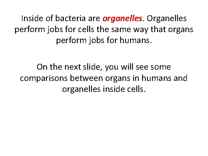 Inside of bacteria are organelles. Organelles perform jobs for cells the same way that