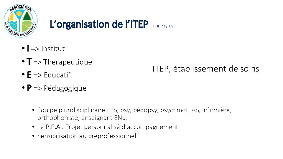 L’organisation de l’ITEP • I => Institut • T => Thérapeutique • E =>
