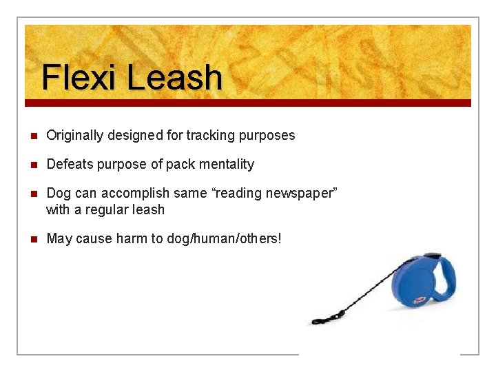 Flexi Leash n Originally designed for tracking purposes n Defeats purpose of pack mentality