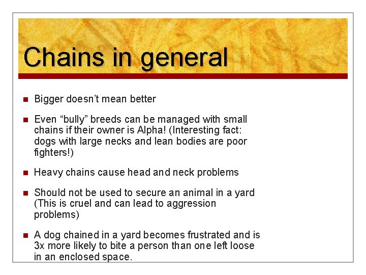 Chains in general n Bigger doesn’t mean better n Even “bully” breeds can be