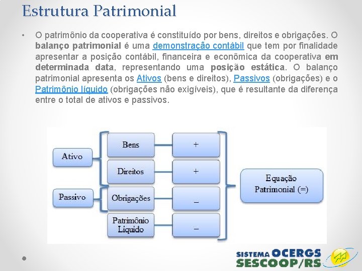 Estrutura Patrimonial • O patrimônio da cooperativa é constituído por bens, direitos e obrigações.