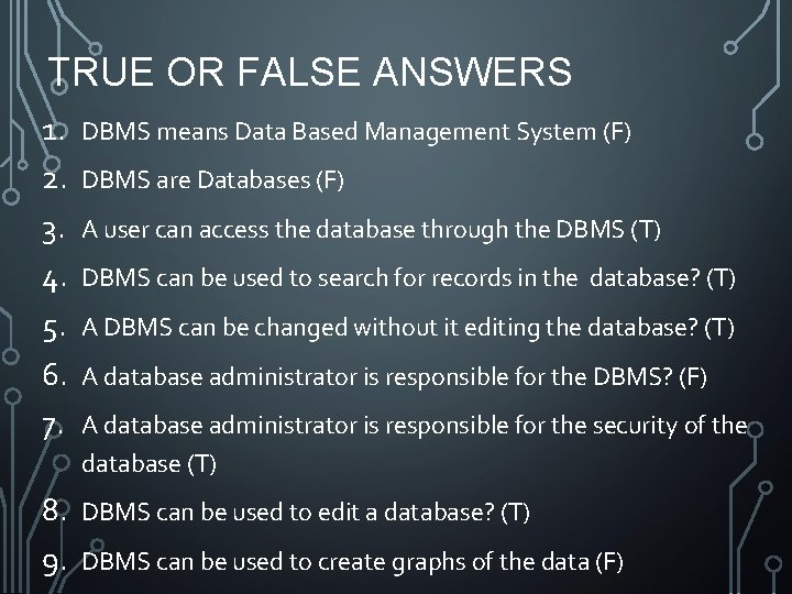 TRUE OR FALSE ANSWERS 1. 2. 3. 4. 5. 6. 7. DBMS means Data TRUE OR FALSE ANSWERS 1. 2. 3. 4. 5. 6. 7. DBMS means Data