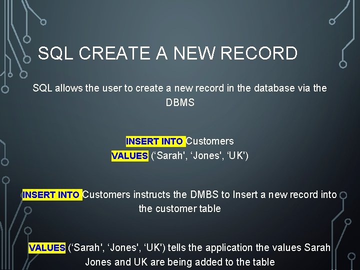 SQL CREATE A NEW RECORD SQL allows the user to create a new record SQL CREATE A NEW RECORD SQL allows the user to create a new record