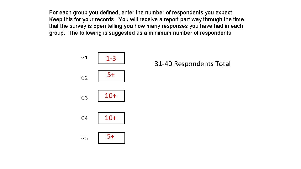 For each group you defined, enter the number of respondents you expect. Keep this