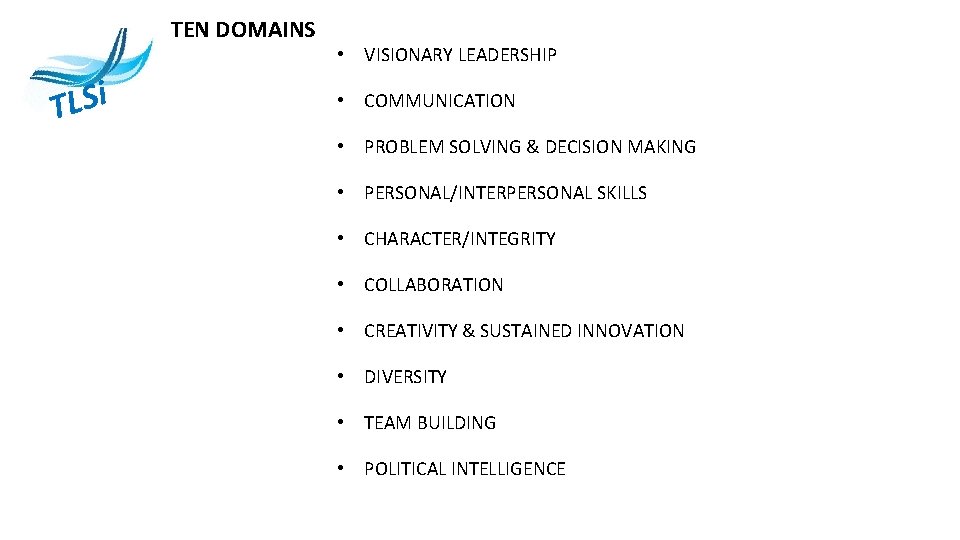 TEN DOMAINS i S L T • VISIONARY LEADERSHIP • COMMUNICATION • PROBLEM SOLVING